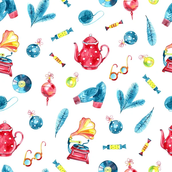 Watercolor christmas illustrations. Seamless pattern. Old retro elements. Visiting my grandmother. White background — Stock Photo, Image