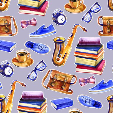 elle çizilmiş izole yaşam tarzı hipster nesneleri beyaz zemin üzerine suluboya çizimi ile seamless modeli boyalı