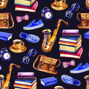 elle çizilmiş izole yaşam tarzı hipster nesneleri beyaz zemin üzerine suluboya çizimi ile seamless modeli boyalı