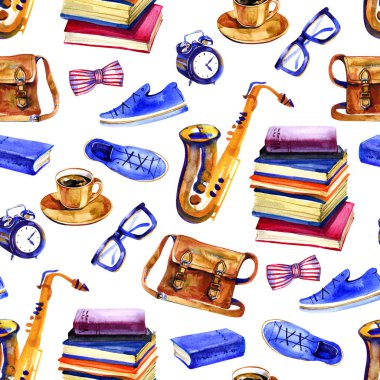 elle çizilmiş izole yaşam tarzı hipster nesneleri beyaz zemin üzerine suluboya çizimi ile seamless modeli boyalı