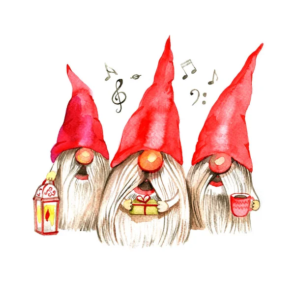 Watercolor Christmas illustration with trio singing dwarfs. Christmas cards. Winter design. Merry Christmas — Stock Photo, Image