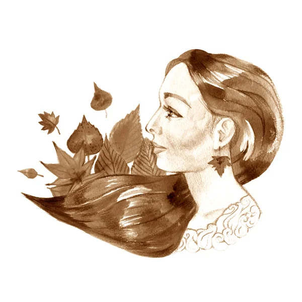 Un visage de femme. Illustration aquarelle peinte à la main. Simbol d'automne. Illustration d'automne — Photo