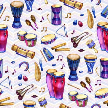Beyaz zemin üzerine suluboya tarzında davul ile Seamless modeli. Perküsyon müzik aletleri. Memphis tarzı retro parti için renkli tasarım. illüstrasyon