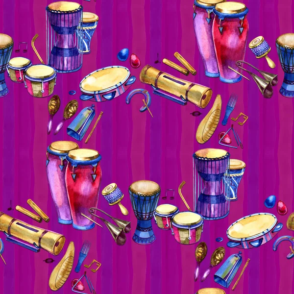 Seamless pattern with drums and percussion in watercolor style and decorative geometric elements on purple pink background. Colorful design for music party. Hand draw illustration