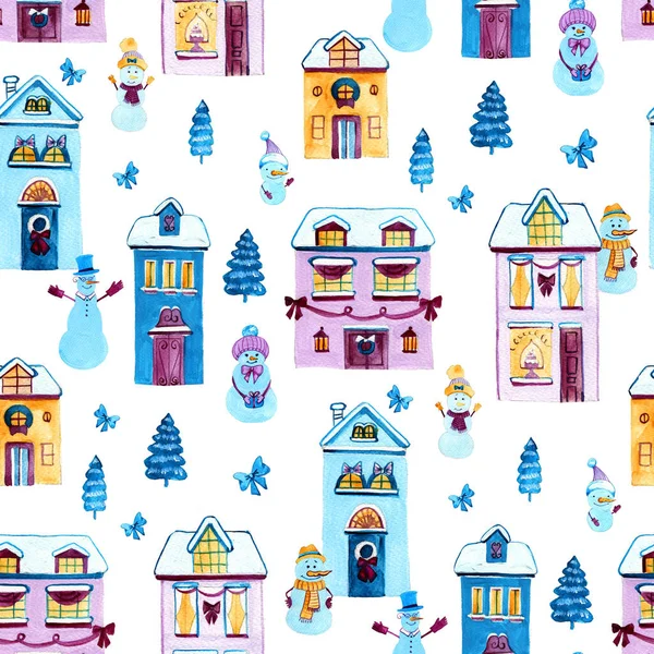 Різдвяний акварельний фон. Безшовний візерунок з будинками і сніговиками . — стокове фото
