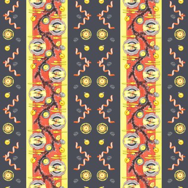 Dikişsiz el guaş desen çizin. Noel yemek masası Noel topları ve şampanya ile.