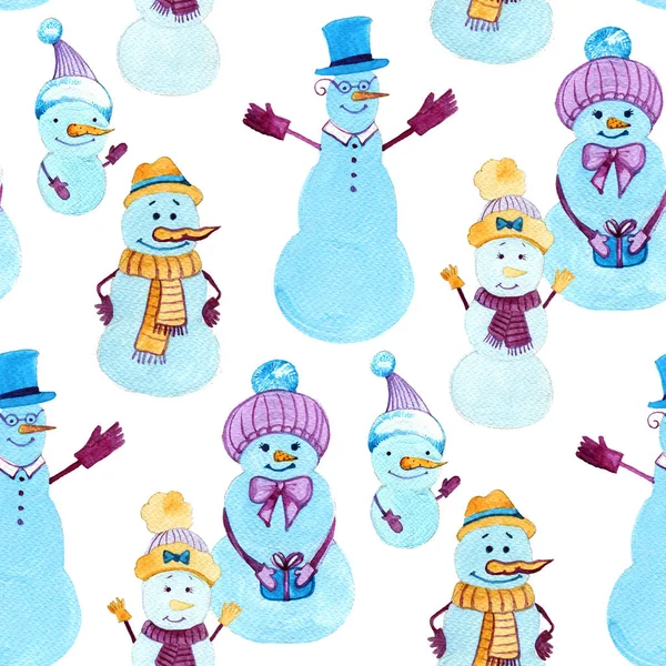 Рождественский акварель. Бесшовный рисунок со снеговиками. Элементы дизайна для обоев, обертывания, декоративного баннера, экранов, текстиля . — стоковое фото