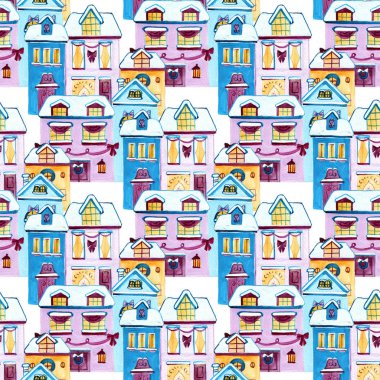 Sevimli çizgi suluboya İngilizce evlerde bir satır ve ağaçlar, el ile Seamless modeli boyalı