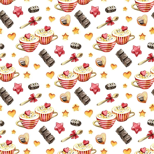 Sweet cups, chocolate and heart seamless pattern. Valentine coffee pattern. lovely cup texture. watercolor texture with cup and heart. coffee background. love fabric — Stock Photo, Image