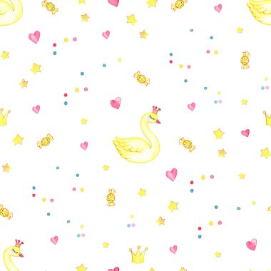 Dikişsiz desen kuğular ve kalpleri. Suluboya resim.