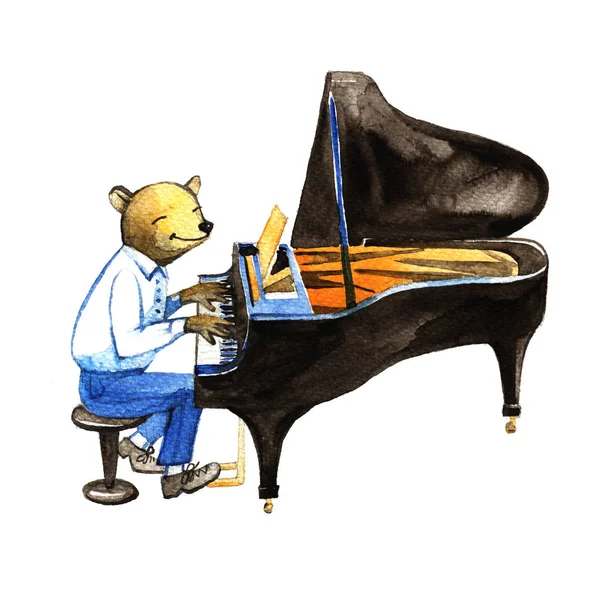 Söta bär kostym spela piano jazz... Handritad akvarell illustration, affisch väggdekorationer. — Stockfoto