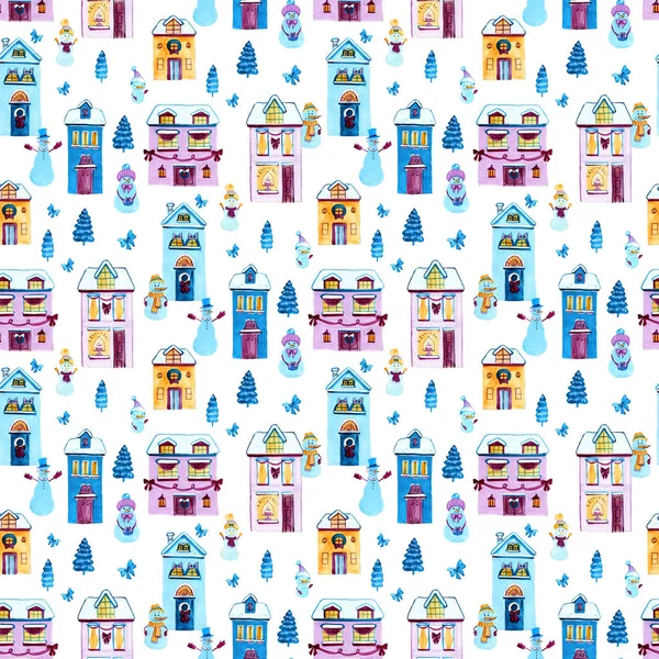Christmas watercolor background. Seamless pattern with houses and snowmans. Design elements for wallpaper, wrapping, decoration banner, screens, textile. — Stock Photo, Image