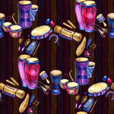 Sıçramalarına suluboya tarzı ve beyaz arka plan üzerinde dekoratif geometrik elemanlar ile davul ile Seamless modeli. Retro müzik parti için renkli tasarım. El çizmek illüstrasyon