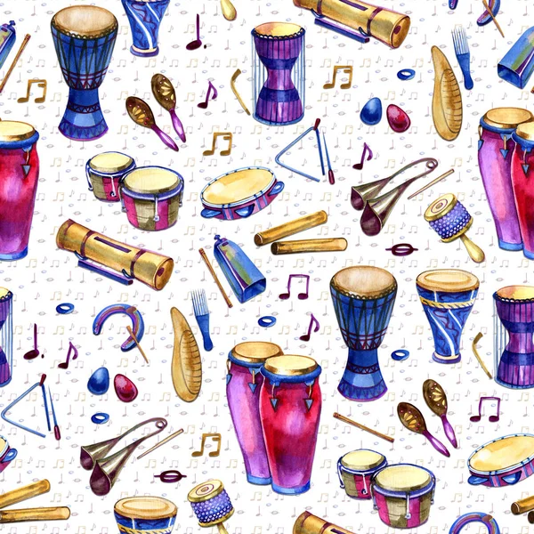 Naadloze patroon met drums in aquarel stijl op witte achtergrond. Percussie muziekinstrumenten. Kleurrijk ontwerp voor retro feest in memphis stijl. illustratie — Stockfoto