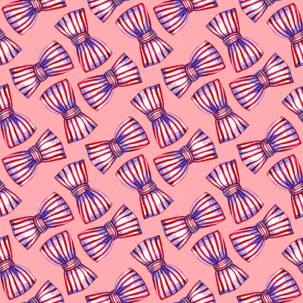 Roterade bågar i randigt band på en rosa bakgrund. Akvarell sömlösa mönster. — Stockfoto
