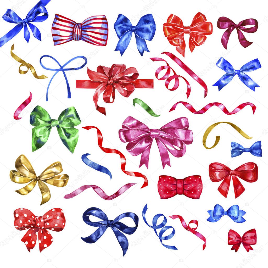 Set of watercolor colorful bows, hand painted isolated.