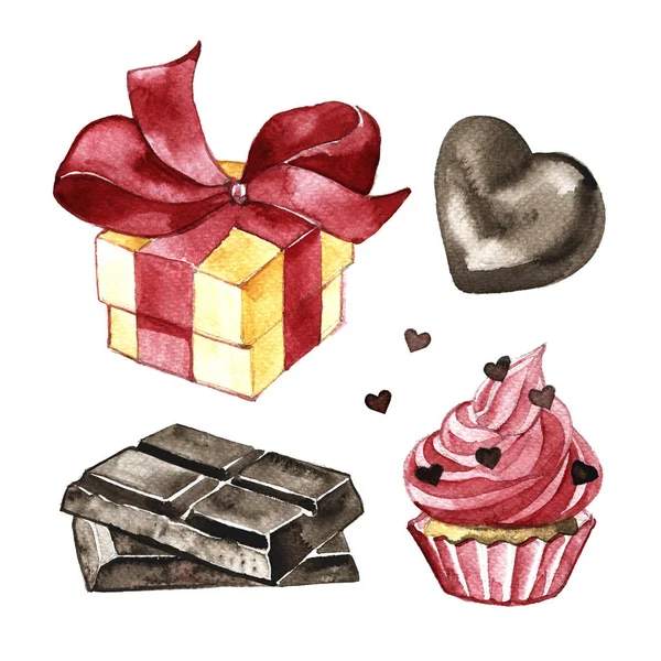 Watercolor chocolate delicious set. Hand drawing on white background — Stock Photo, Image