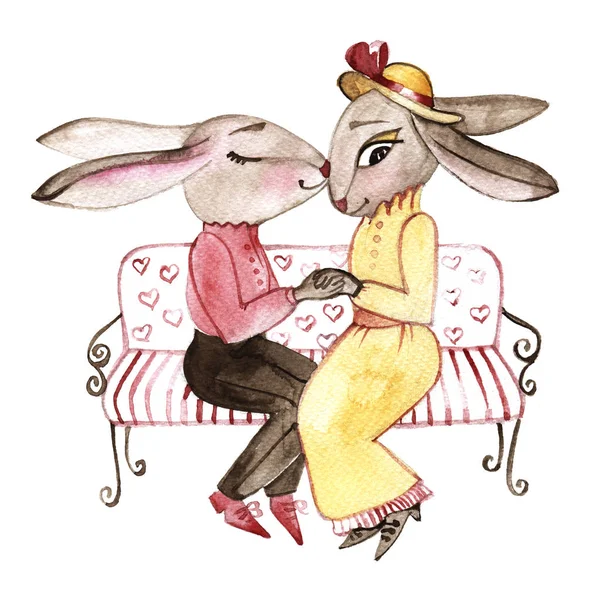 Conejito hecho a mano enamorado. Día de San Valentín. Conejos y corazón. Ilustración en acuarela sobre fondo blanco. Una postal. Conjunto de pareja de conejos en el amor — Foto de Stock