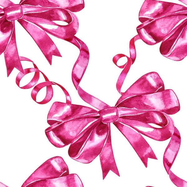 Ακουαρέλα τόξα, χέρι συρμένο ροζ κορδέλες που απομονώνονται σε λευκό φόντο, άνευ ραφής μοτίβο, διακοσμητική ζωγραφική απεικόνιση για σχεδιασμού ευχετήρια κάρτα, πρόσκληση γάμου, συσκευασία, διαφήμιση Ενοικιαζόμενα — Φωτογραφία Αρχείου