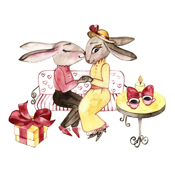 Handrawn kanin i kärlek. Alla hjärtans dag. Kaniner och hjärta. Akvarell illustration på vit bakgrund. Vykort. Uppsättning av kaninen par i kärlek — Stockfoto
