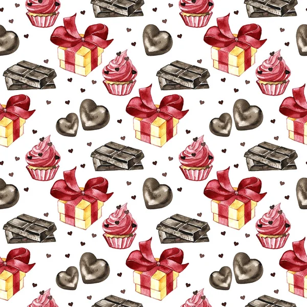Sweet cups, chocolate and heart seamless pattern. Valentine background. lovely cup texture. watercolor texture with cup and heart. coffee background. love fabric — Stock Photo, Image