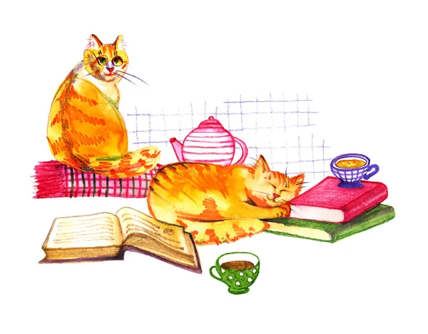 Kompozycja koty akwarela, książek i herbata na białym tle. Kredki akwarelowe ilustracja — Zdjęcie stockowe