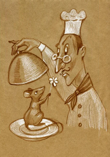 Komické situace. Šéfkuchař se otevře víko misky a myš. Ruka - tažené ilustrace. — Stock fotografie