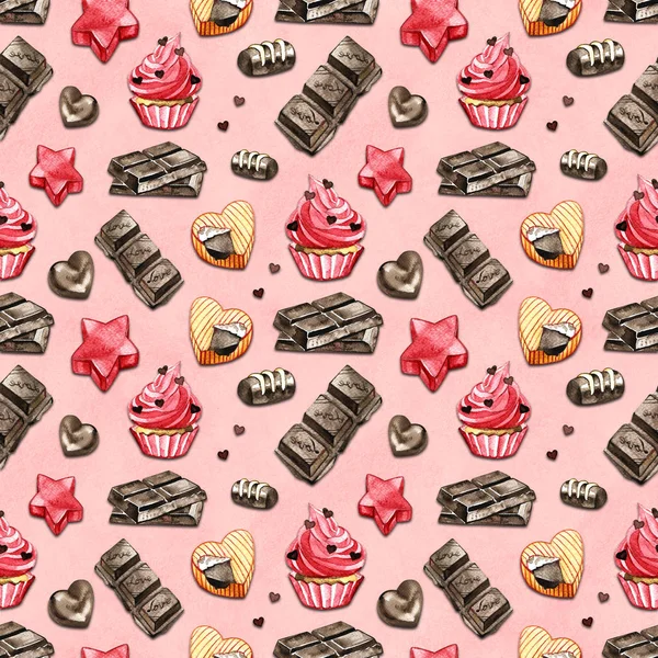 Zoete desserts aquarel naadloze patroon op roze achtergrond. Hartvormige snoep, koekjes en chocolade — Stockfoto