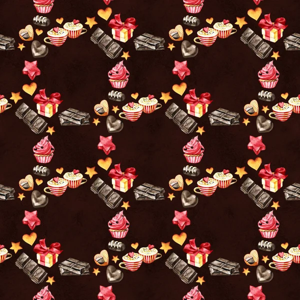 Söta sömlösa mönster med choklad. Akvarell Valentine illustration för någon händelse dekoration, svart bakgrund, sökvägen ingår — Stockfoto