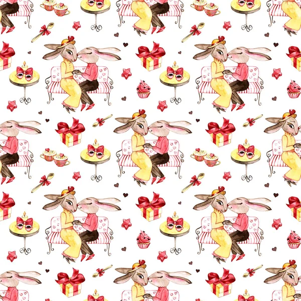 Handgemachtes Häschen in Liebe. Valentinstag. Kaninchen und Herz. Aquarell-Illustration auf weißem Hintergrund. Postkarte. Set von verliebten Hasen — Stockfoto