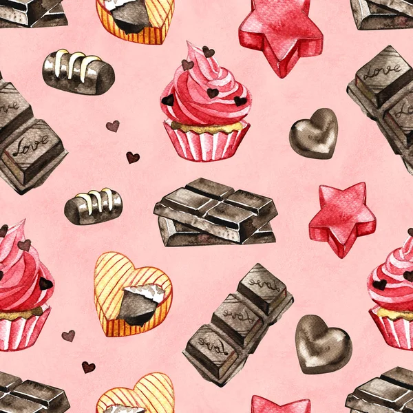 Sladké zákusky akvarel bezešvé vzor na růžovém pozadí. Cukroví, sušenky a čokolády ve tvaru srdce — Stock fotografie