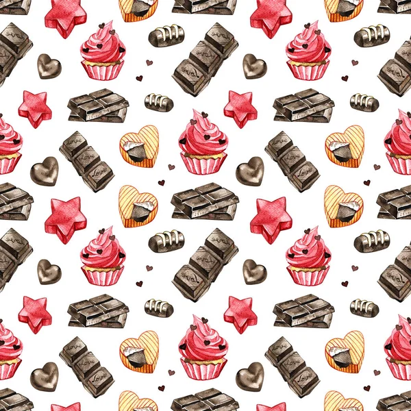Zoete naadloze patroon met chocolade. Aquarel illustratie voor elke gebeurtenis decoratie, witte achtergrond — Stockfoto