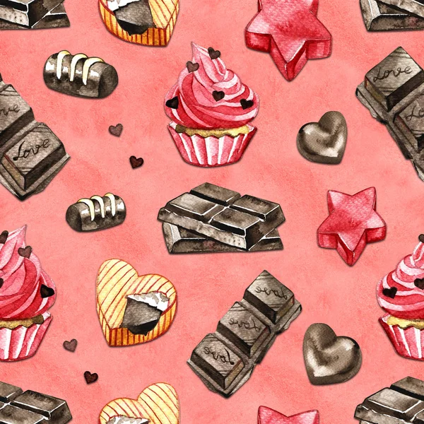 Süße Desserts Aquarell nahtloses Muster auf rosa Hintergrund. Herzförmige Bonbons, Kekse und Schokolade — Stockfoto