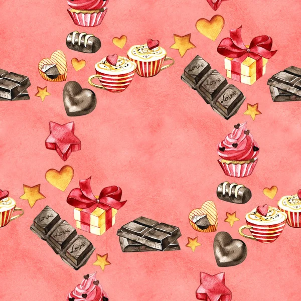 Dulces postres acuarela patrón sin costuras sobre fondo rosa. Dulces en forma de corazón, galletas y chocolate — Foto de Stock