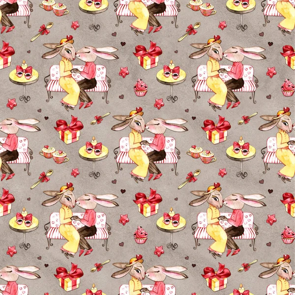 Håndlavet kanin i kærlighed. Valentinsdag. Kaniner og hjerte. Akvarel illustration på hvid baggrund. Postkort. Sæt af bunny par i kærlighed - Stock-foto