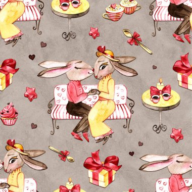 Aşık Handrawn bunny. Sevgililer günü. Tavşan ve kalp. Beyaz zemin üzerine suluboya resim. Kartpostal. Tavşan kaç aşk içinde dizi