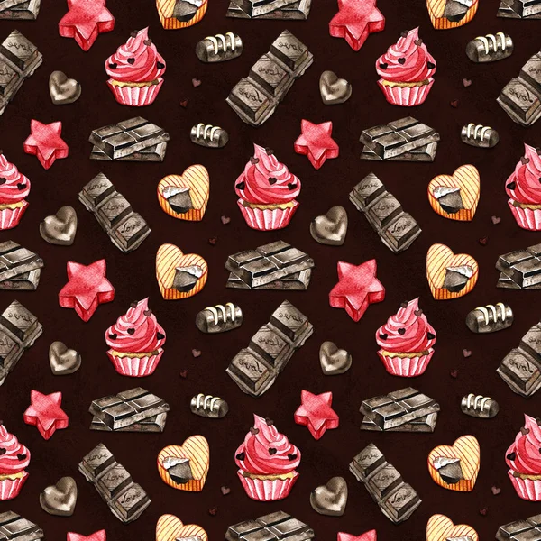 Zoete naadloze patroon met chocolade. Aquarel illustratie van de Valentijnskaart voor gebeurtenis decoratie, zwarte achtergrond, pad opgenomen — Stockfoto