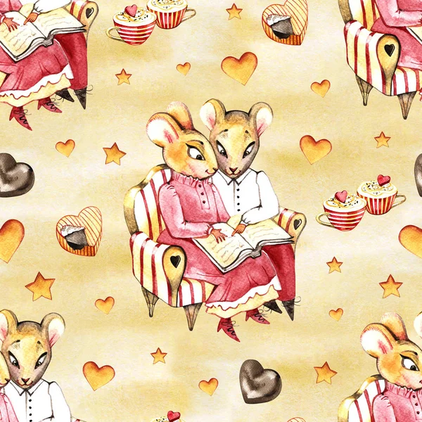 Бесшовный Рисунок Акварели Любить Мышь Сидящую Диване Пьющую Горячий Шоколад — стоковое фото