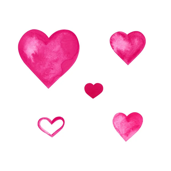 Acuarela colorido rojo rosa dibujado a mano textura de papel corazones aislados establecidos sobre fondo blanco. Elemento de diseño de pintura de pincel húmedo para tarjeta de felicitación, invitación, decoración, álbum de recortes, día de San Valentín — Foto de Stock