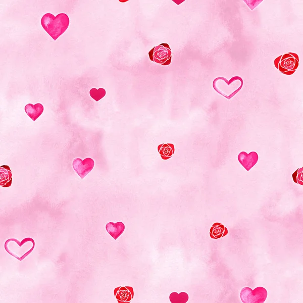 Akvarell hjärtan sömlös bakgrund. Rosa vattenfärg hjärtmönster. Färgstark akvarell romantiska textur. — Stockfoto