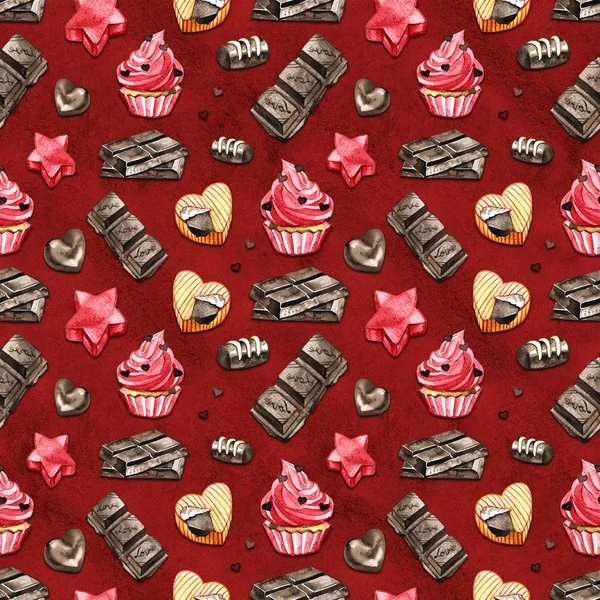 Hand drawn chocolate on red background, seamless watercolor pattern — Stock Photo, Image