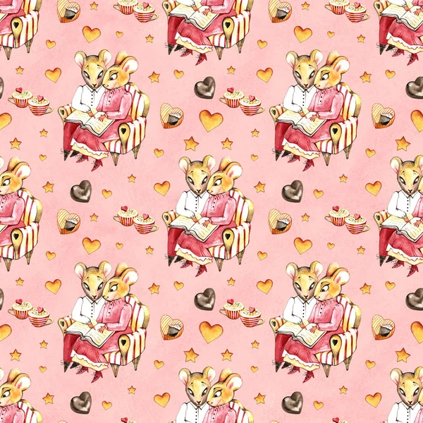 Söta desserter akvarell sömlösa mönster på rosa bakgrund. Hjärtformade godis, kakor och choklad — Stockfoto