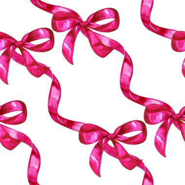 Suluboya yay, el izole çizilmiş pembe kurdeleler, seamless modeli, dekoratif resim illüstrasyon tasarımı tebrik kartı, düğün davetiyesi, ambalaj, reklam tatil için.