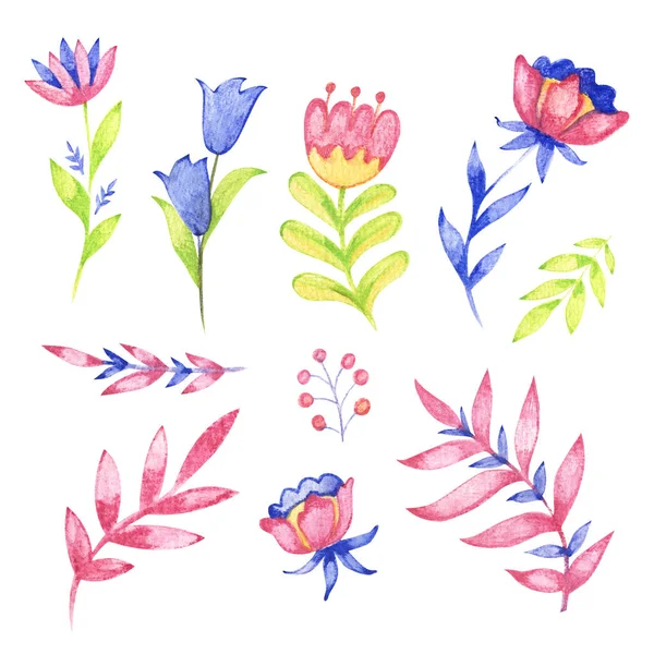 Aquarell abstrakte niedliche Elemente. Blumen-Folk-Set. Paint Doodle auf weißem Hintergrund. — Stockfoto