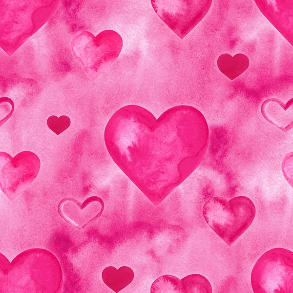 Akvarell zökkenőmentes minta rózsaszín szívekkel és a felhők. Tökéletes üdvözlőlap-, tapéta-, textil-design. Kézzel festett illusztráció — Stock Fotó