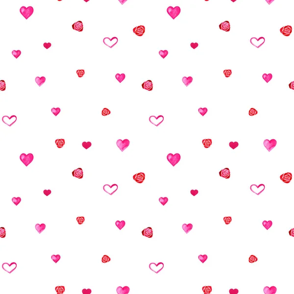 Corazones acuarela fondo sin costuras. Patrón de corazón de acuarela rosa. Colorida acuarela textura romántica . — Foto de Stock