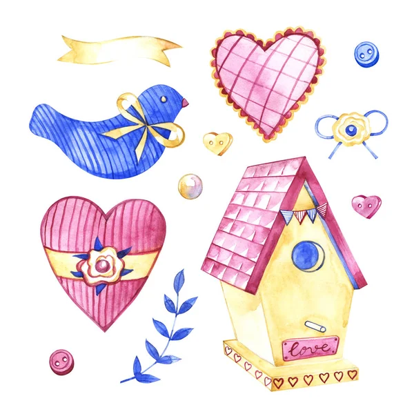 Ilustración en acuarela. Birdhouse. Objetos rústicos. Colección de primavera. ClipArt, bricolaje, elementos de scrapbooking. Vacaciones, decoración de la boda. Naturaleza . — Foto de Stock