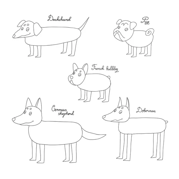 Ensemble de drôles de chiens de dessin animé. Dessin à la main d'objets isolés sur fond blanc. Illustration vectorielle. croquis rapide . — Image vectorielle