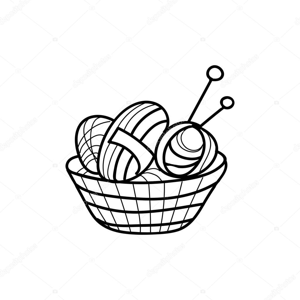Vector illustration of balls of yarn in knitting basket. Can be used as a sticker, icon, logo, design template, coloring page