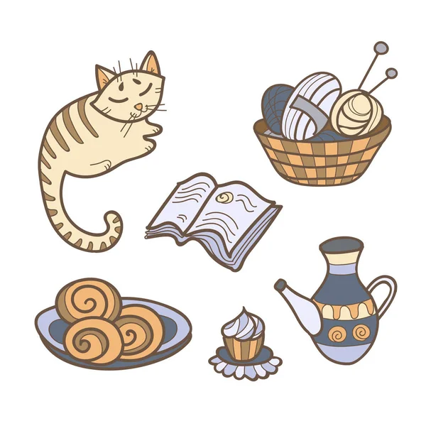 Давайте залишимося вдома барвистим плакатом. Милі каракулі з кішкою, рукоділля, чай, книга, цукерки . — стоковий вектор